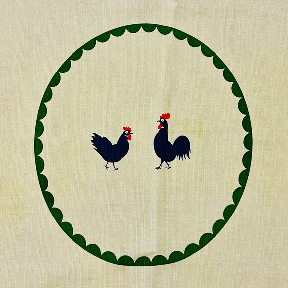 Vintage Rooster & Hen Yellow Green Border Tablecloth 34x38 - Picture 3 of 10